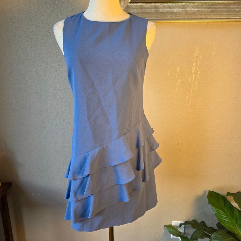 Alice + Olivia Women's Blue Sleeveless Asymmetric Ruffle Mini Dress Sz 2 - Picture 2 of 7